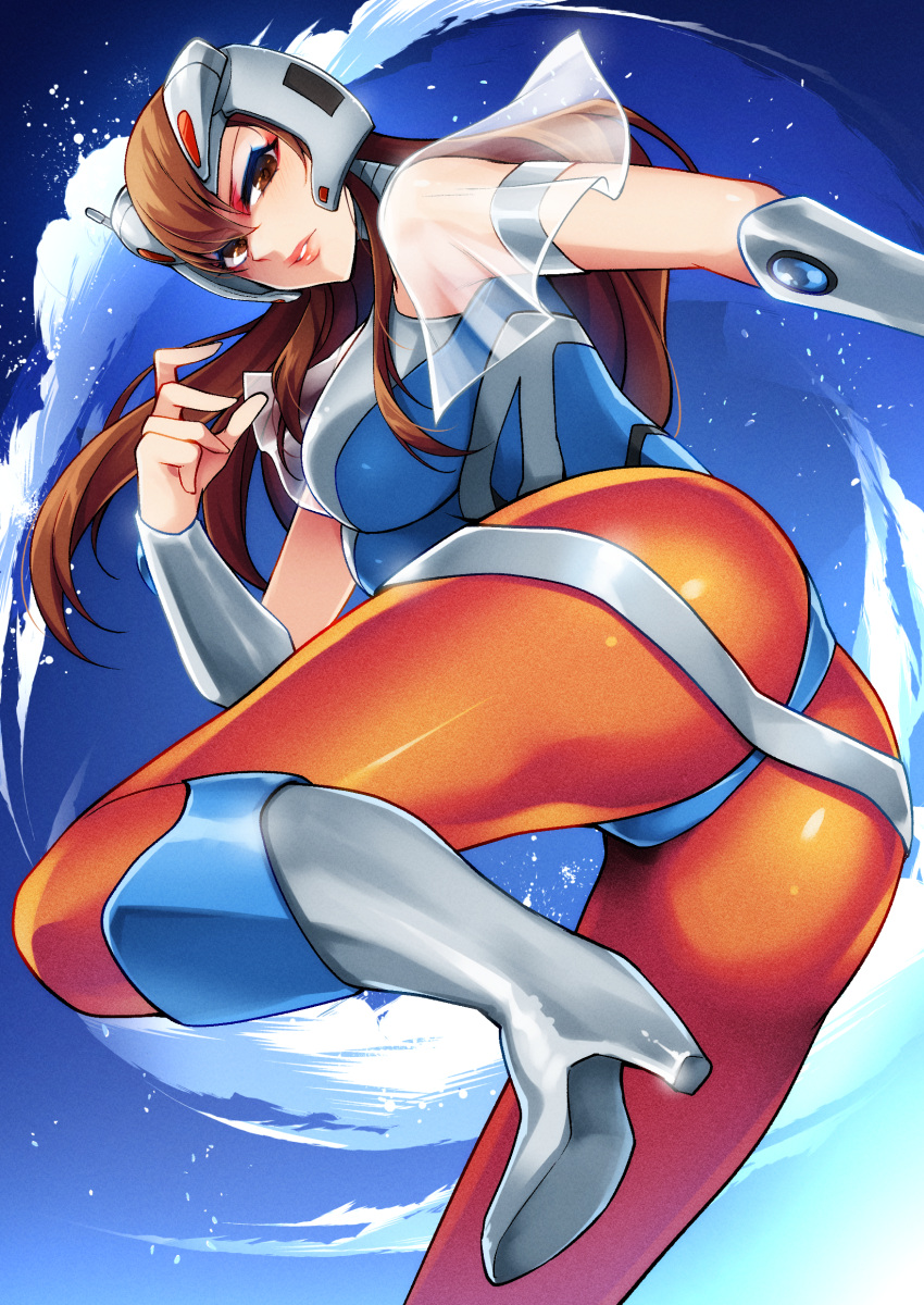 1girl, absurdres, ass, bangs, blue_eyeshadow, blue_leotard, bracer, breasts