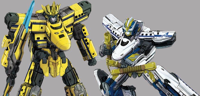 blue_eyes, doctor_yellow_(shinkalion), geri_kumaarashi, grey_background, holding, holding_nunchaku, holding_sword, holding_weapon