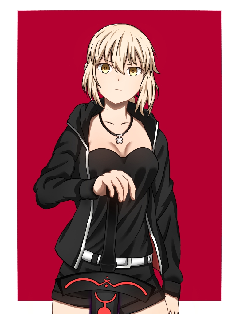 1girl, aeris_xiii, artoria_pendragon_(all), belt, black_shorts, blonde_hair, border, breasts, cowboy_shot, excalibur_morgan_(fate), fate/grand_order, fate_(series), hair_between_eyes, jacket, jet_black_king_of_knights_ver._shinjuku_1999, jewelry, looking_at_viewer, necklace, necktie, planted, planted_sword, red_background, saber_alter, short_hair, shorts, small_breasts, solo, sword, weapon, white_belt, white_border, yellow_eyes