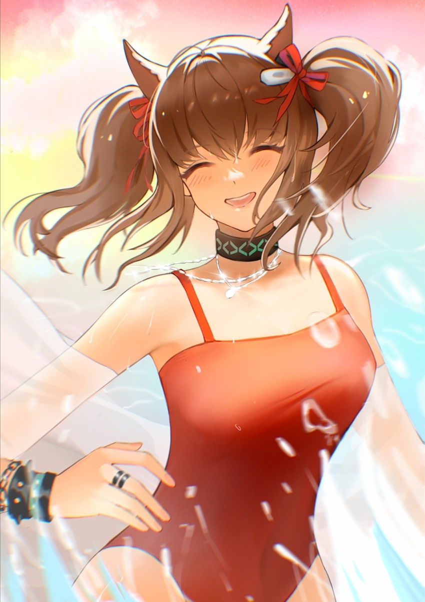 1girl, angelina_(arknights), angelina_(summer_flowers)_(arknights), animal_ears, arknights, bangs, bare_shoulders, bow