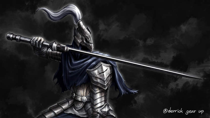 1boy, absurdres, armor, artorias_the_abysswalker, blue_cape, cape, commentary_request, dark_souls_i, derrick_gear_up, full_armor, gauntlets, helmet, highres, holding, holding_sword, holding_weapon, knight, korean_commentary, looking_to_the_side, male_focus, pauldrons, plume, shoulder_armor, signature, solo, souls_(series), sword, weapon