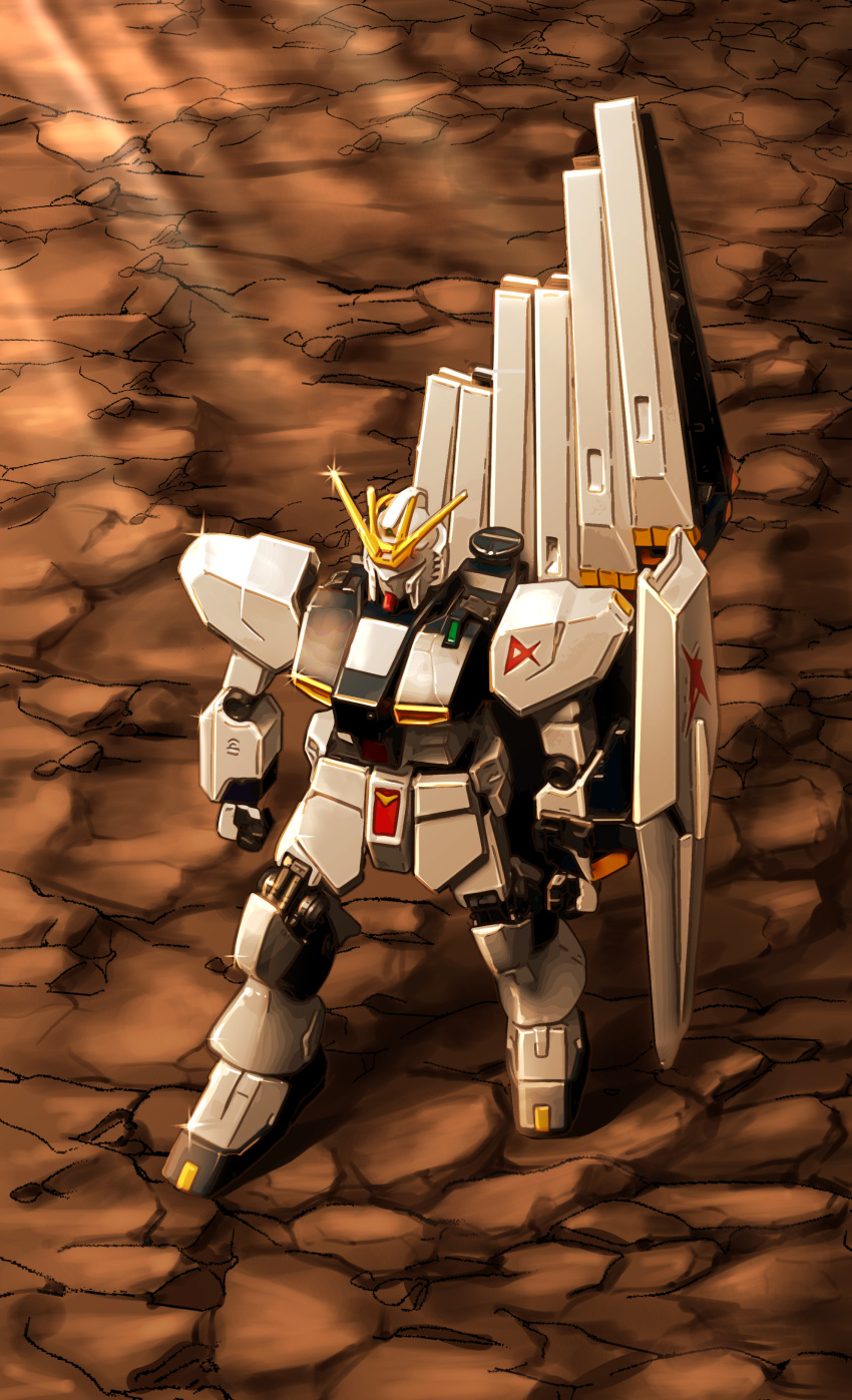 absurdres, check_copyright, clenched_hand, commentary_request, copyright_request, derrick_gear_up, full_body, gundam, highres, korean_commentary, mecha, mobile_suit, no_humans, science_fiction, sparkle, standing, v-fin, v_gundam, victory_gundam