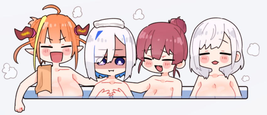 4girls, ahoge, amane_kanata, bathtub, blonde_hair, blue_hair, breast_envy, breasts