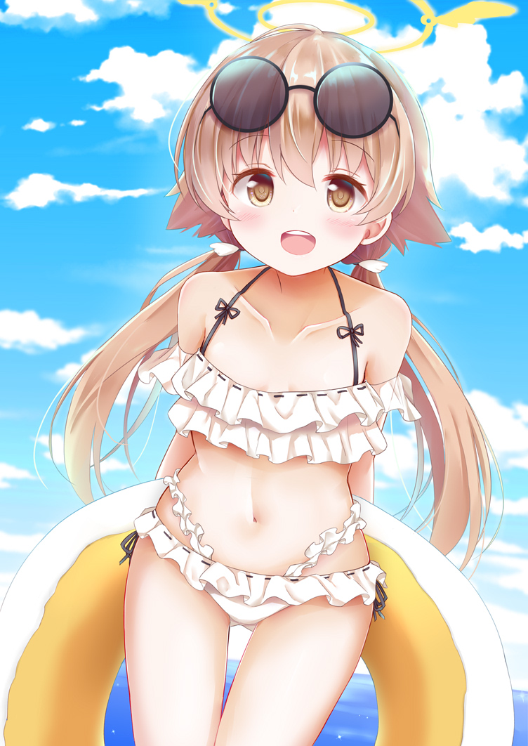 1girl, arms_behind_back, azu_ruril, blue_archive, blush, breasts, clouds, collarbone, commentary_request, eyewear_on_head, halo, hifumi_(blue_archive), innertube, light_brown_hair, navel, open_mouth, sky, small_breasts, solo, sunglasses, swimsuit, yellow_eyes
