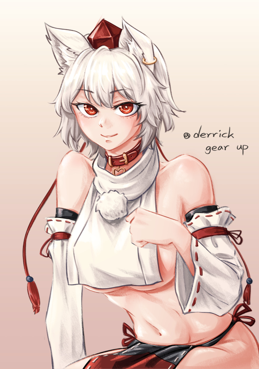 1girl, adapted_costume, animal_collar, animal_ear_fluff, animal_ears, artist_name, bangs, bare_shoulders, breast_curtain, breasts, closed_mouth, collar, commentary_request, cowboy_shot, derrick_gear_up, detached_sleeves, earrings, eyebrows_visible_through_hair, hat, heart, highres, inubashiri_momiji, jewelry, korean_commentary, large_breasts, navel, pelvic_curtain, pom_pom_(clothes), red_eyes, revealing_clothes, ribbon-trimmed_sleeves, ribbon_trim, short_hair, signature, smile, solo, tokin_hat, touhou, turtleneck, under_boob, white_hair, white_sleeves, wolf_ears