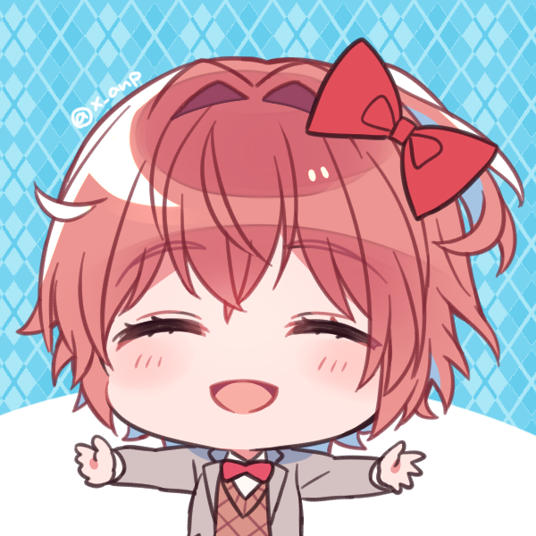 1girl, :d, aicedrop, bow, closed_eyes, doki_doki_literature_club, eyebrows_visible_through_hair, hair_bow
