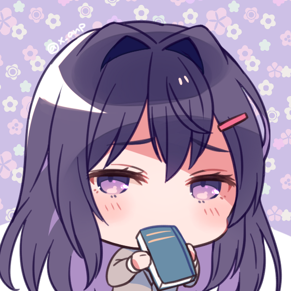 1girl, aicedrop, bangs, blush, book, book_to_mouth, breasts, covering_mouth, doki_doki_literature_club, eyebrows_visible_through_hair, hair_between_eyes, hair_ornament, hairclip, holding, holding_book, long_hair, long_sleeves, looking_at_viewer, purple_hair, ribbon, simple_background, smile, solo, sweater, very_long_hair, violet_eyes, yuri_(doki_doki_literature_club)