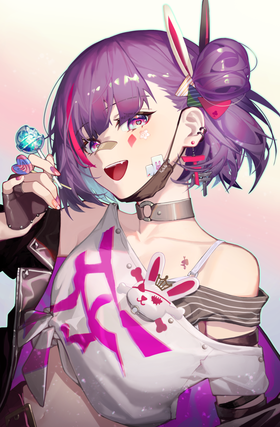 1girl, bandaid, bandaid_on_nose, between_fingers, candy, character_name, choker, earrings