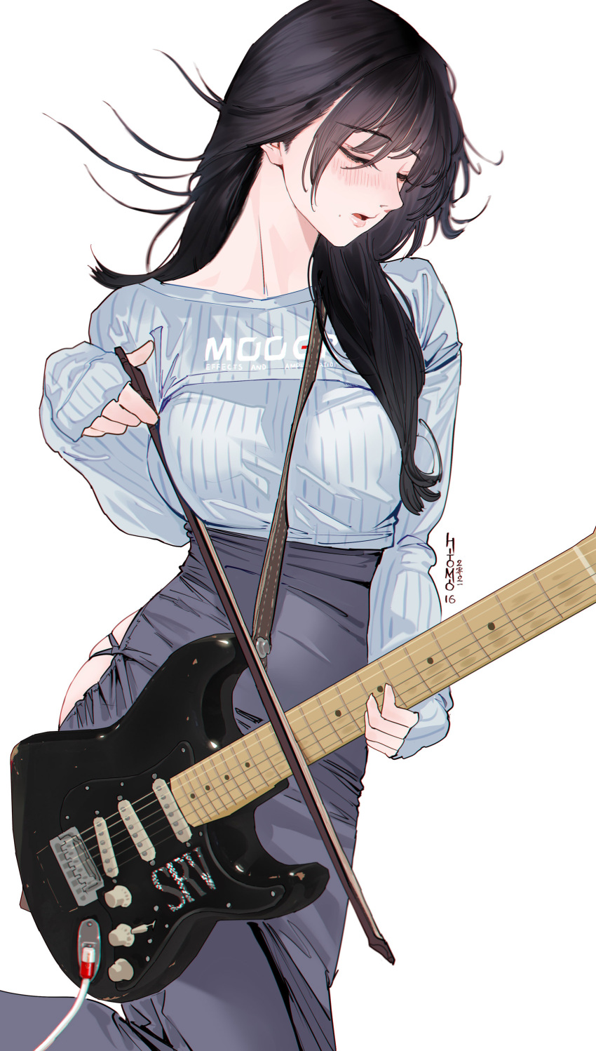 1girl, absurdres, bangs, black_hair, blush, bow_(instrument), closed_eyes, cowboy_shot