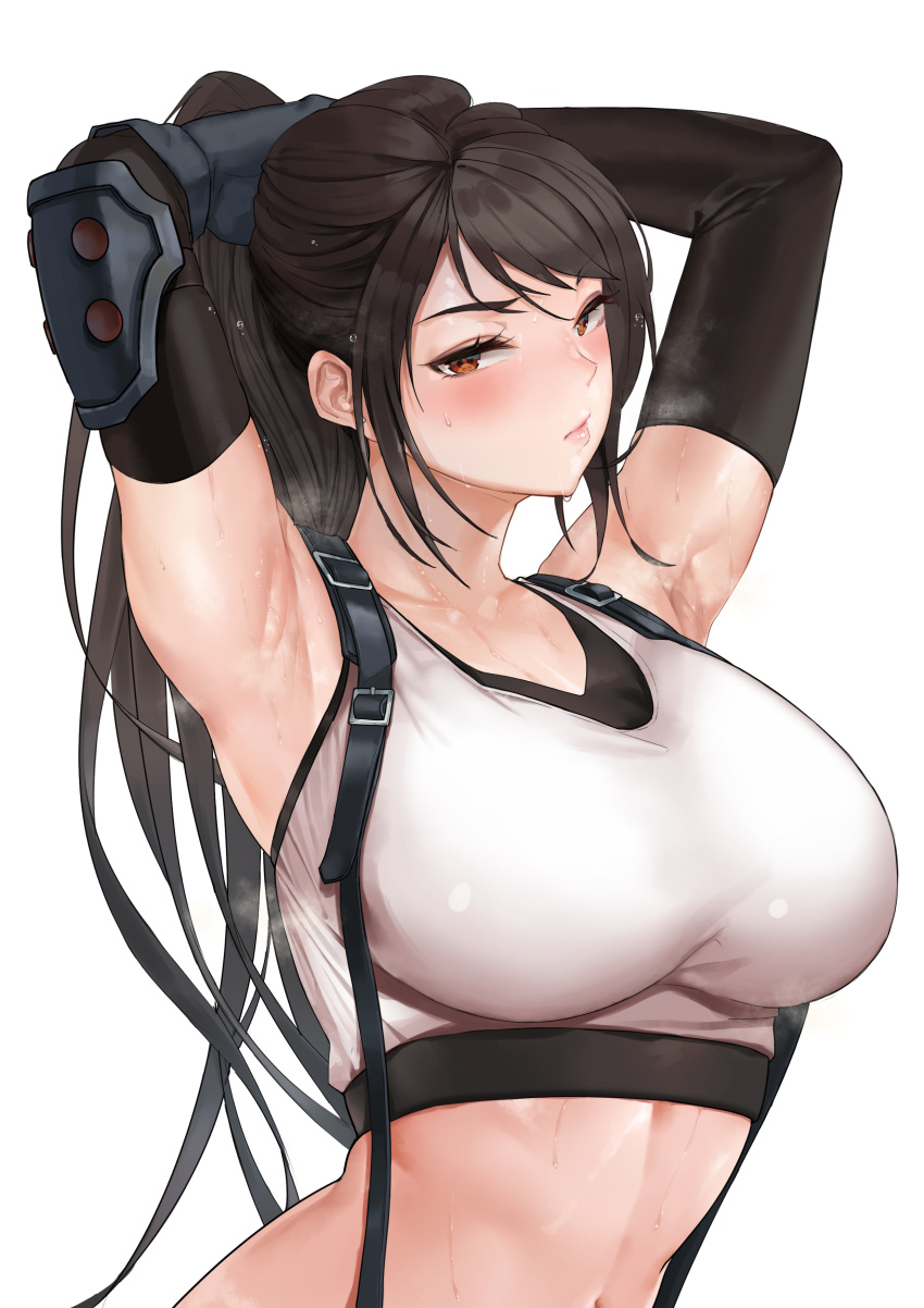 1girl, absurdres, armpits, arms_up, black_gloves, black_hair, blush, breasts