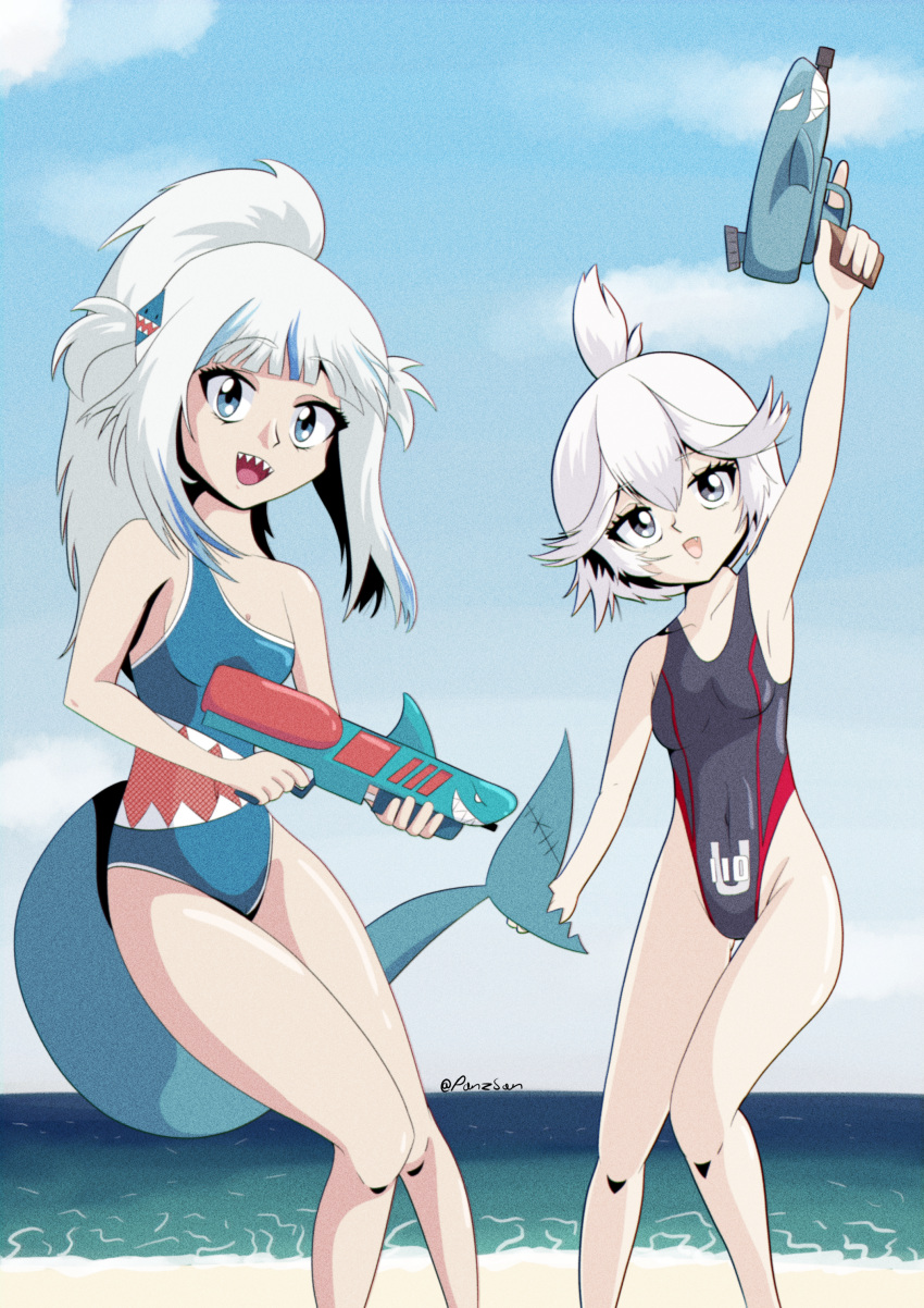 2girls, absurdres, alternate_hairstyle, azur_lane, blue_hair, covered_navel, crossover, fish_tail
