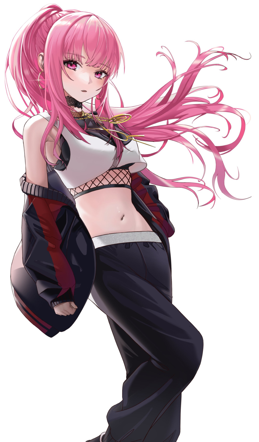 absurdres, bangs, breasts, choker, clothes_down, crop_top, earrings, eyebrows_visible_through_hair
