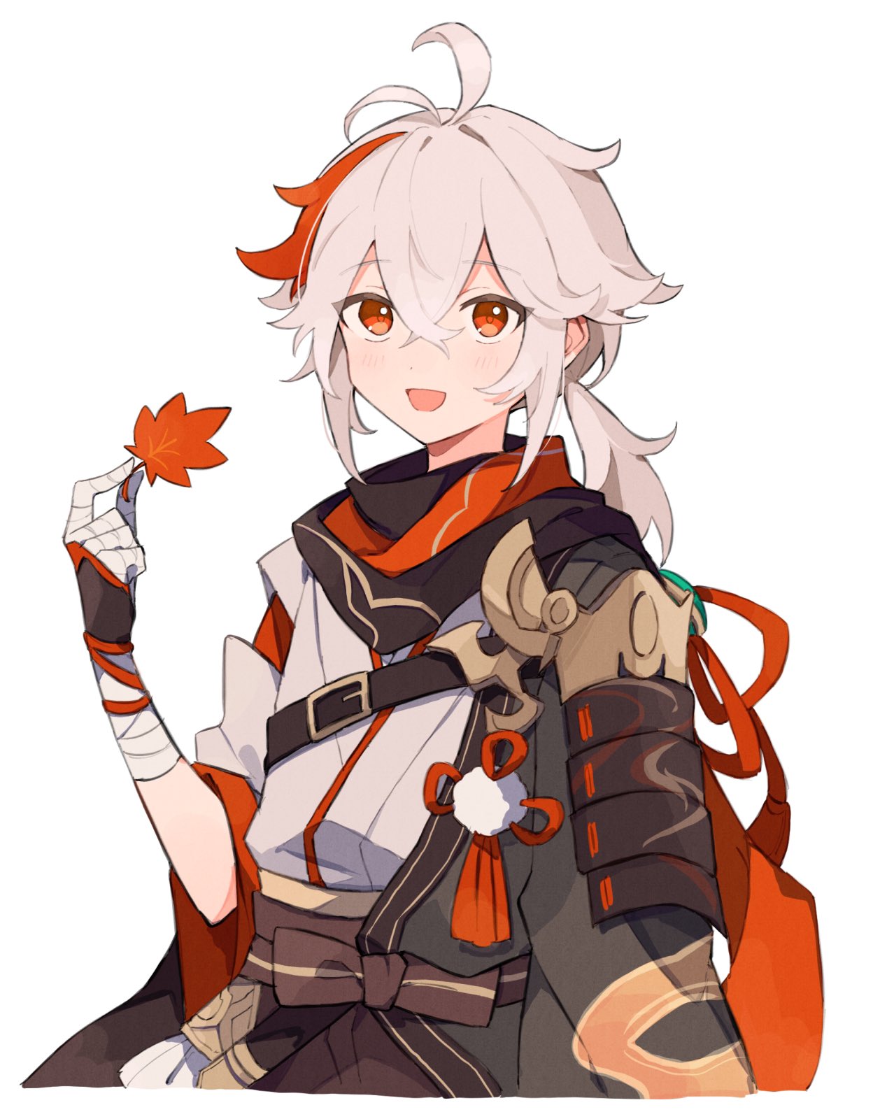 1boy, antenna_hair, armor, bandaged_hand, bandages, bangs, black_gloves, blush, crossed_bangs, eyebrows_visible_through_hair, fingerless_gloves, genshin_impact, gloves, hair_between_eyes, highres, holding, holding_leaf, japanese_armor, japanese_clothes, kazuha_(genshin_impact), leaf, long_hair, low_ponytail, male_focus, multicolored_hair, open_mouth, ponytail, red_eyes, redhead, simple_background, solo, streaked_hair, tabemon_oishi, upper_body, white_background, white_hair