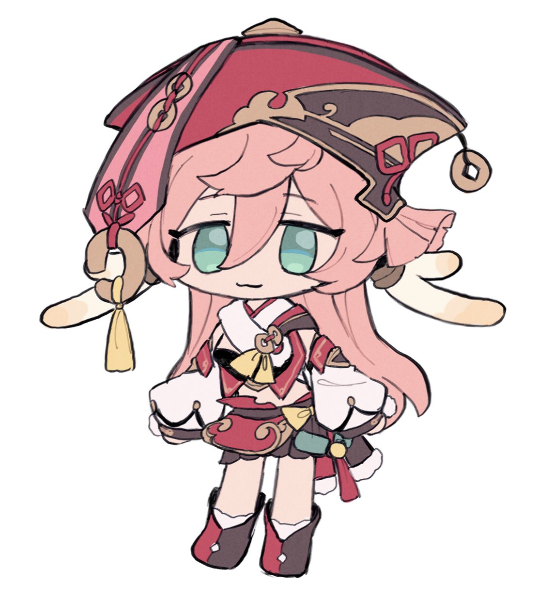 1girl, :3, bangs, blue_eyes, boots, chibi, chinese_clothes, closed_mouth