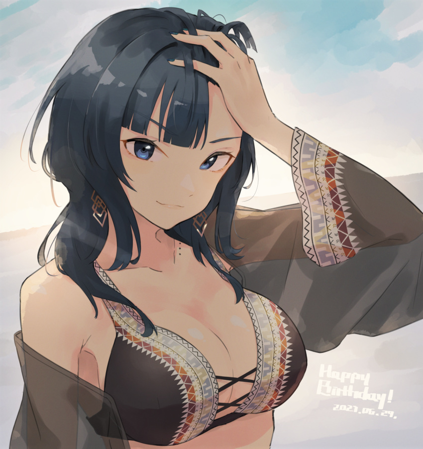 1girl, asaka_karin, bangs, bikini, black_bikini, black_hair, blue_eyes, blue_hair