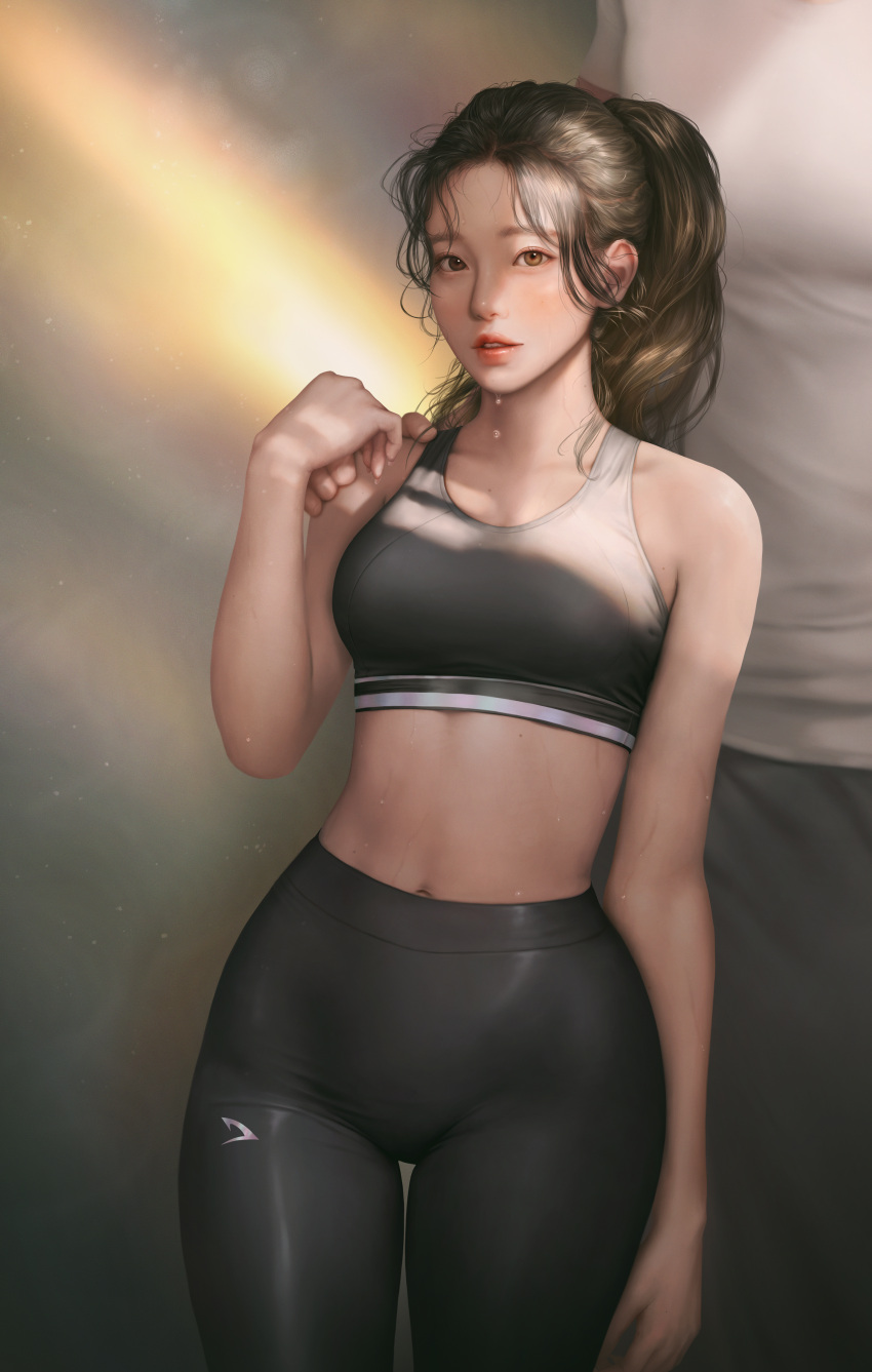1girl, abs, absurdres, bare_shoulders, black_pants, blush, hand_on_another's_shoulder, highres