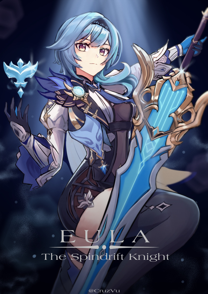 1girl, absurdres, bangs, black_hairband, black_legwear, black_leotard, blue_hair, blue_neckwear, boots, breasts, cape, character_name, commentary, cruzvu, english_commentary, english_text, eula_(genshin_impact), floating, floating_object, genshin_impact, gloves, greatsword, hair_ornament, hairband, highres, holding, holding_sword, holding_weapon, huge_filesize, ice, juliet_sleeves, leotard, long_sleeves, looking_at_viewer, medium_breasts, medium_hair, multicolored, multicolored_eyes, necktie, one_side_up, puffy_sleeves, solo, sparkle, sword, thigh-highs, thigh_boots, thigh_strap, thighs, violet_eyes, weapon, yellow_eyes