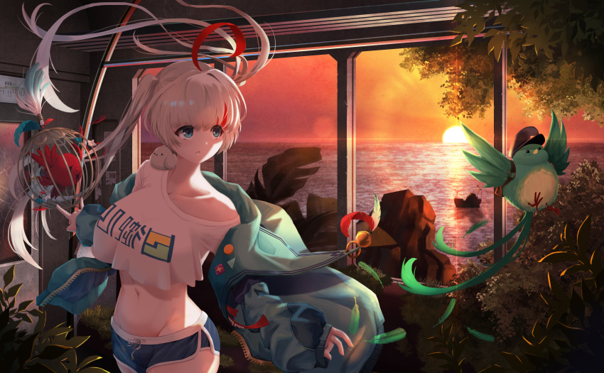 1girl, absurdres, ahoge, anger_vein, animal_on_shoulder, bird, bird_on_shoulder, birdcage