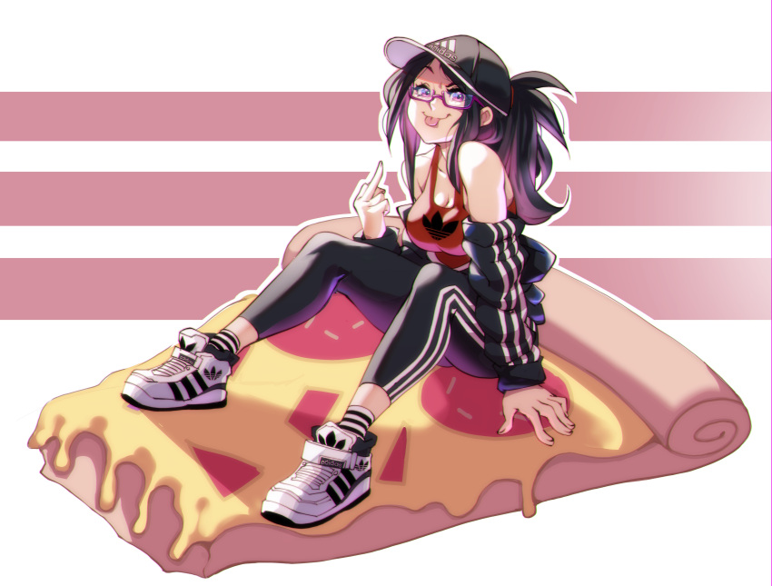 1girl, :p, absurdres, adidas, baseball_cap, glasses, hat, highres