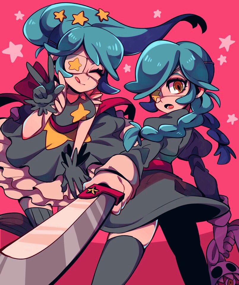 2girls, annie_(skullgirls), dress, eyepatch, gloves, green_dress, green_hair, looking_back