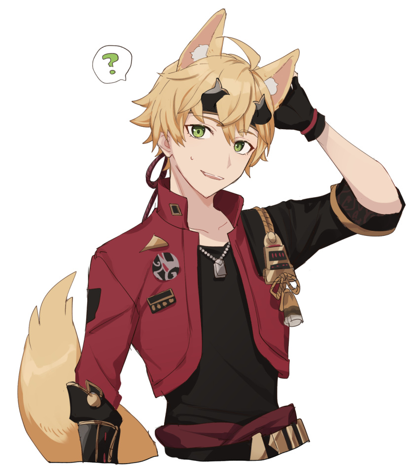 1boy, ?, ahoge, animal_ears, arm_behind_head, bangs, black_gloves, blonde_hair, dog_tags, fox_boy, fox_ears, fox_tail, genshin_impact, gloves, green_eyes, headband, highres, horned_headwear, japanese_clothes, looking_at_viewer, male_focus, miz_003, open_mouth, simple_background, solo, spoken_question_mark, sweat, tail, tohama_(genshin_impact), upper_body, white_background