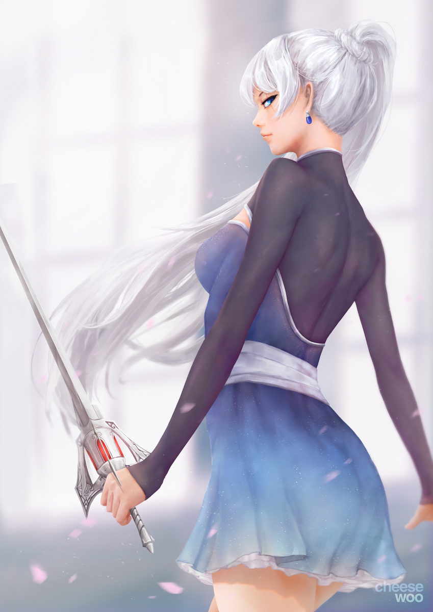 artist_name, ass, back, blue_eyes, breasts, cheesewoo1, dress, earrings, floating_hair, from_side, highres, holding, holding_sword, holding_weapon, jewelry, lips, long_hair, long_sleeves, looking_to_the_side, myrtenaster, petals, ponytail, rapier, rwby, scar, scar_across_eye, short_dress, small_breasts, solo, sword, thighs, very_long_hair, weapon, weiss_schnee, white_hair, window