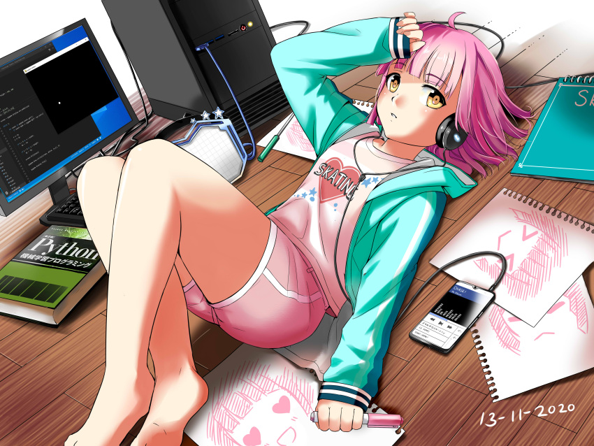 1girl, absurdres, ahoge, bangs, bare_legs, barefoot, blue_hoodie, blunt_bangs