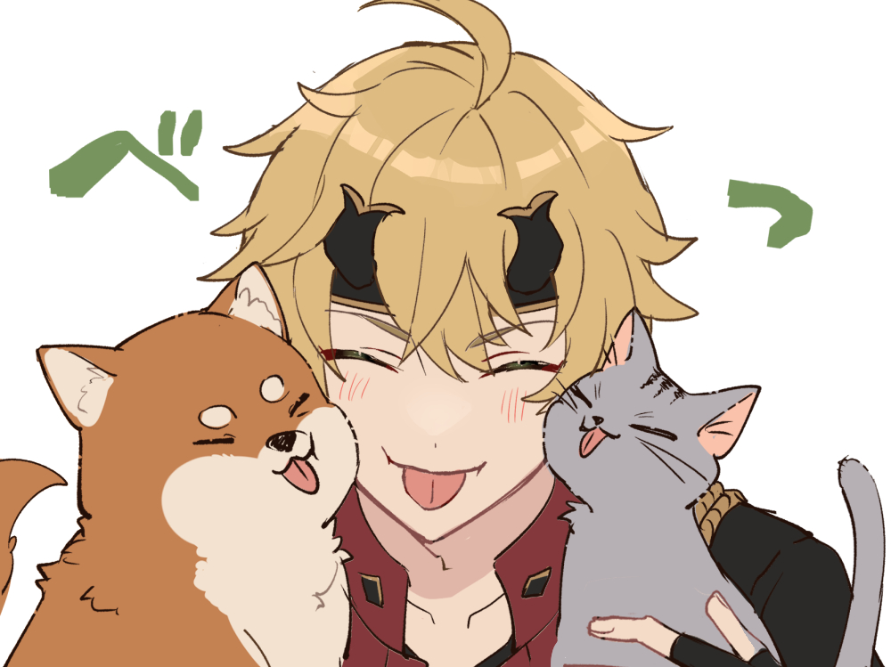 1boy, ahoge, animal, bangs, black_gloves, black_headband, blonde_hair, blush