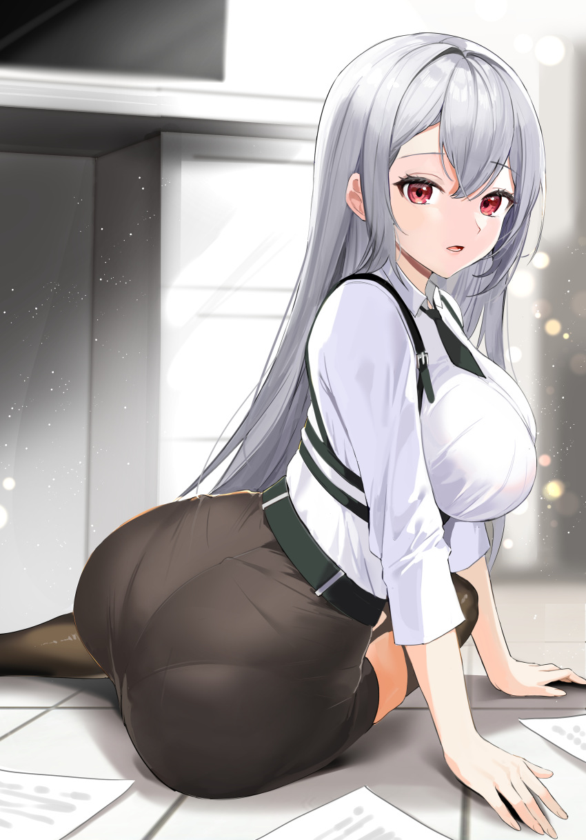 1girl, absurdres, ass, bangs, black_legwear, breasts, commentary_request, garter_straps