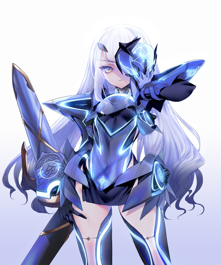 1girl, armor, armored_dress, blue_armor, blue_dress, blue_legwear, breastplate, breasts
