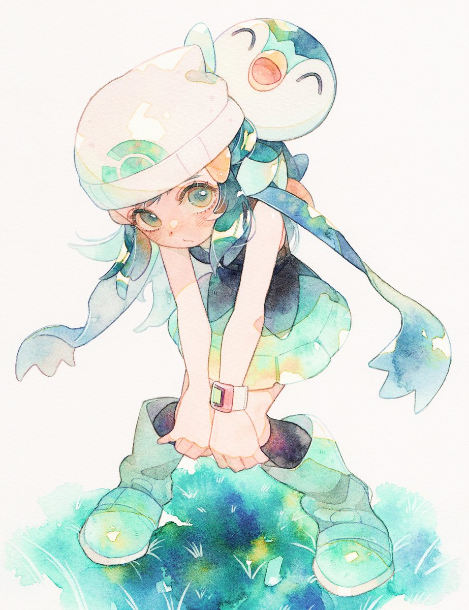 1girl, alternate_color, beanie, black_legwear, blue_scarf, blush, boots, closed_mouth
