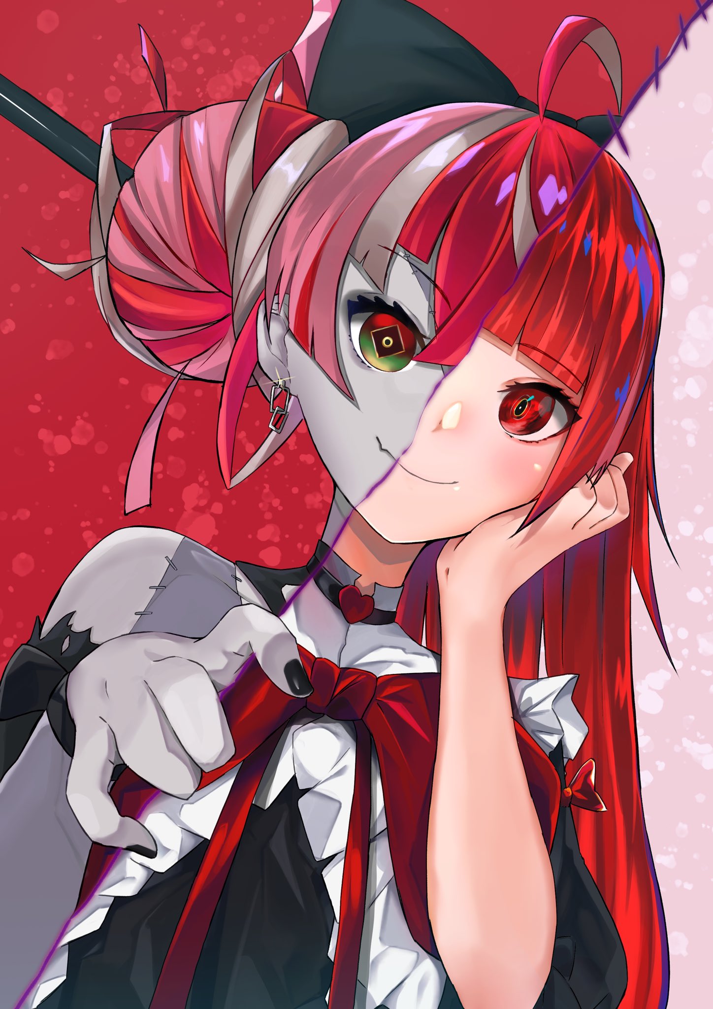 2girls, black_bow, black_dress, black_nails, bow, chankuro, colored_skin, dress