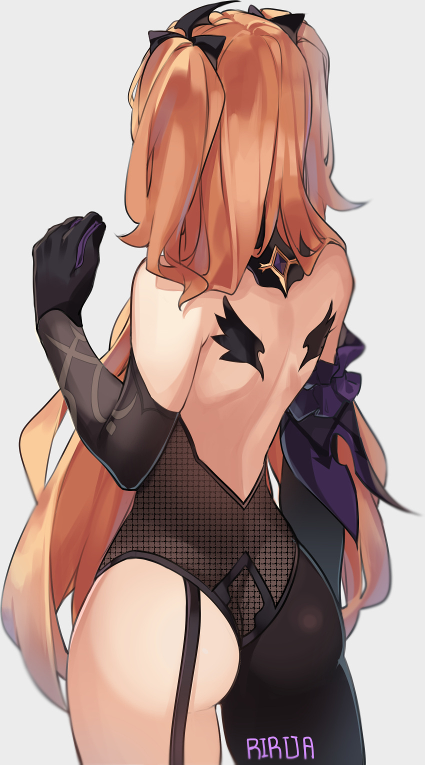 1girl, absurdres, artist_name, ass, back, back_tattoo, bare_back, bare_shoulders, black_gloves, black_ribbon, cowboy_shot, detached_sleeves, fischl_(genshin_impact), from_behind, garter_straps, genshin_impact, gloves, hair_ribbon, highres, lira, long_hair, long_sleeves, orange_hair, ribbon, simple_background, solo, tattoo, two_side_up, unmoving_pattern, very_long_hair, white_background
