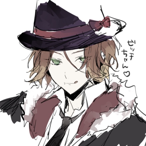 1boy, brown_hair, diabolik_lovers, eye_contact, fedora, fur-trimmed_jacket, fur_trim, green_eyes