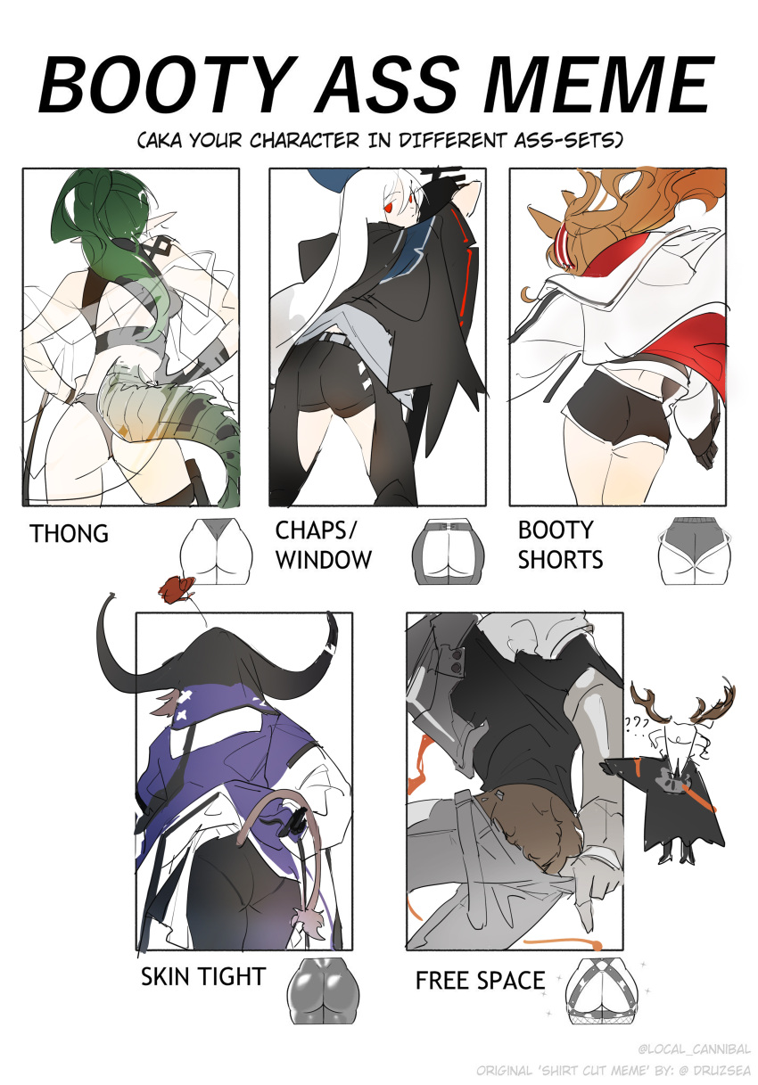 1boy, 4girls, absurdres, angelina_(arknights), animal_ears, arknights, ass, bare_shoulders, black_cloak, black_gloves, black_headwear, black_legwear, black_pants, black_shorts, black_swimsuit, breasts, brown_hair, chain, chaps, chinese_commentary, cloak, clothing_cutout, coat, commentary_request, cowboy_shot, cq_shouzhong_kongkongruye, crocodilian_tail, english_text, flower, flower_on_head, fox_ears, from_behind, gavial_(arknights), gloves, green_hair, grey_shirt, hands_on_hips, hat, highres, holding, holding_sword, holding_weapon, horns, jacket, long_hair, looking_at_viewer, looking_back, medium_breasts, multiple_girls, navel, one-piece_swimsuit, pallas_(arknights), pants, pantyhose, patriot_(arknights), pointy_ears, ponytail, purple_shirt, red_eyes, see-through, shirt, shirt_cut_meme, short_shorts, shorts, silver_hair, skadi_(arknights), sketch, standing, swimsuit, sword, tail, thigh_cutout, thighs, twintails, weapon, white_background, white_jacket