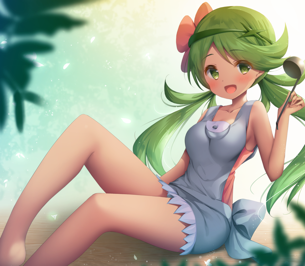 1girl, :d, bangs, bare_arms, blush, breasts, collarbone, commentary_request, flower, green_eyes, green_hair, grey_overalls, hair_flower, hair_ornament, holding, holding_ladle, ladle, legs, long_hair, looking_at_viewer, mallow_(pokemon), murano, open_mouth, overalls, pokemon, pokemon_(game), pokemon_sm, sitting, smile, solo, swept_bangs, tongue, trial_captain, twintails