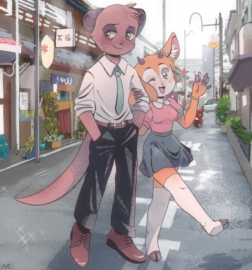 1boy, 1girl, aggressive_retsuko, architecture, blue_eyes, blush, bracelet, building, car, cerealnei, city, cityscape, couple, dating, east_asian_architecture, formal, furry, furry_with_furry, gazelle, green_eyes, ground_vehicle, heart, hetero, highres, holding, hooves, jewelry, komiya_(aggretsuko), lamppost, lantern, looking_at_viewer, meerkat, motor_vehicle, motorcycle, one_eye_closed, open_mouth, plant, road, sanrio, skirt, smile, sparkle, street, tail, thigh-highs, tsunoda_(aggretsuko), waving, writing