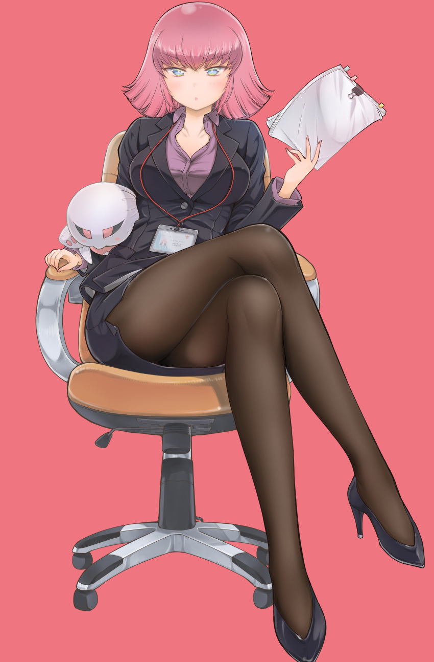 1girl, absurdres, arasa_ol_haman-sama, bangs, black_jacket, breasts, collared_shirt, crossed_legs, eyebrows_visible_through_hair, gundam, haman_karn, highres, holding, holding_paper, id_card, iwasaki_masakazu, jacket, medium_breasts, office_lady, official_art, pantyhose, paper, pink_hair, purple_shirt, qubeley, red_background, shirt, short_hair, sitting, solo, stuffed_toy, suit_jacket, v-shaped_eyebrows