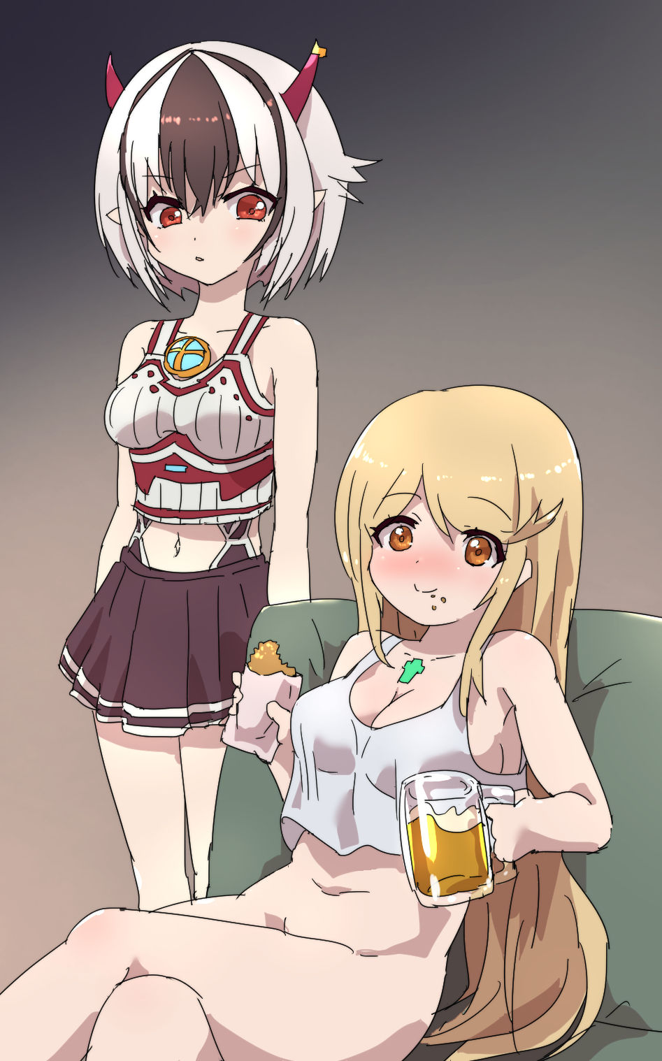 2girls, alcohol, bangs, beer, blonde_hair, breasts, chest_jewel, crossette_(xenoblade)