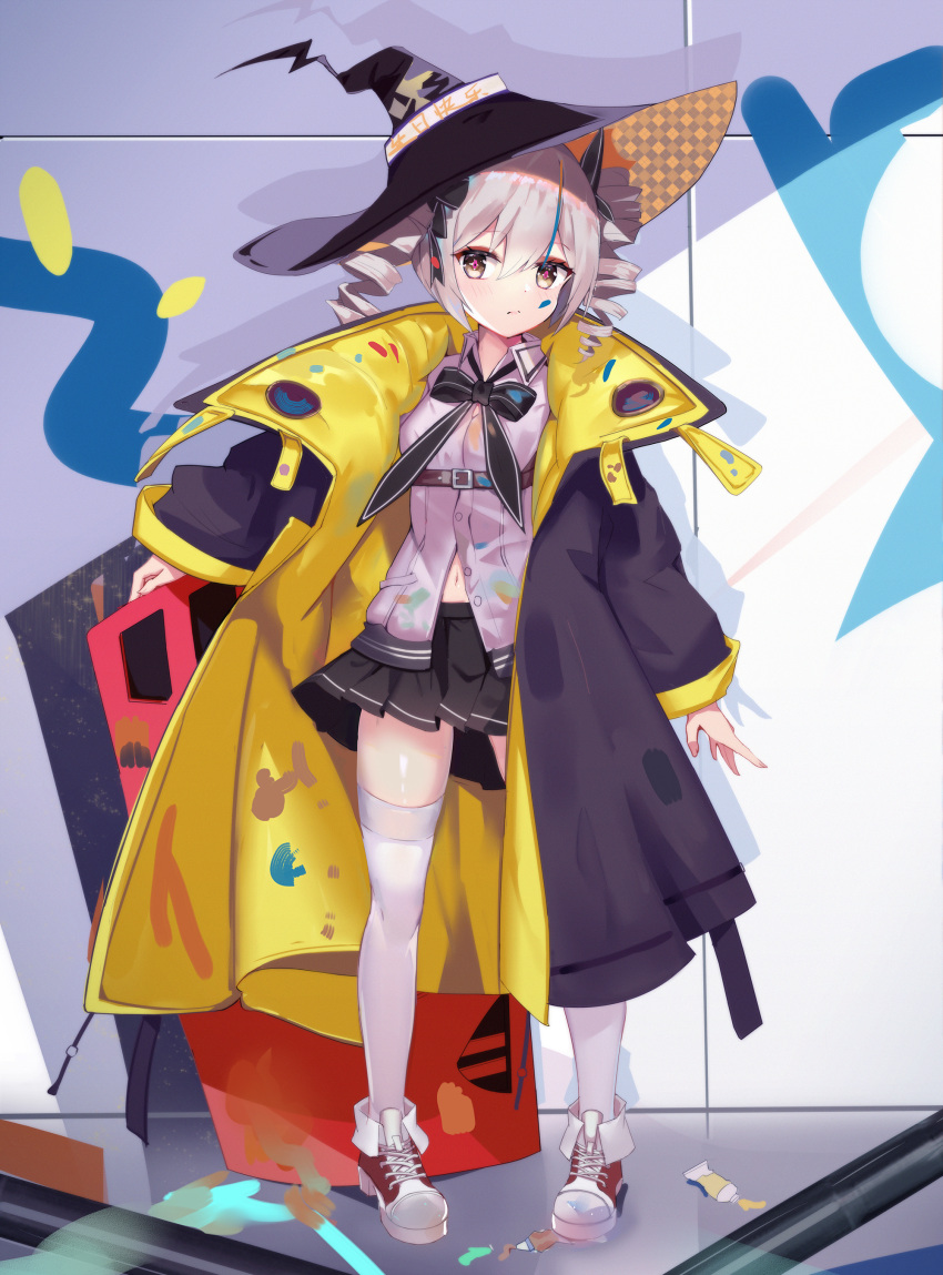 1girl, :i, absurdres, bangs, black_coat, black_headwear, black_skirt, bow
