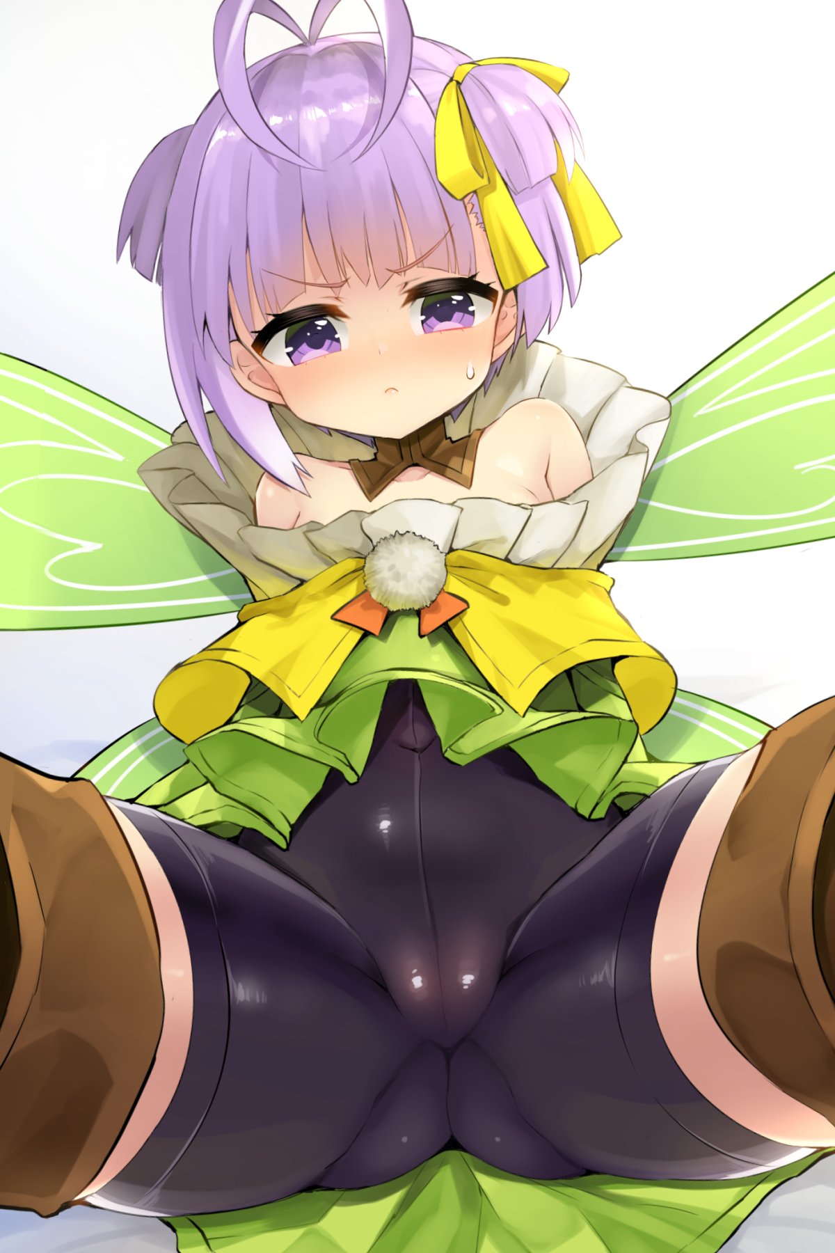 1girl, antenna_hair, bare_shoulders, bike_shorts, blush, covered_navel, eyebrows_visible_through_hair, fairy