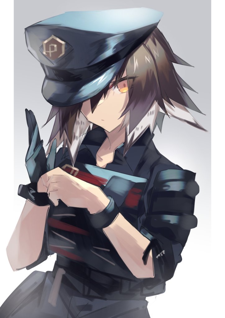 1girl, arknights, black_gloves, black_headwear, black_pants, black_shirt, brown_hair, commentary