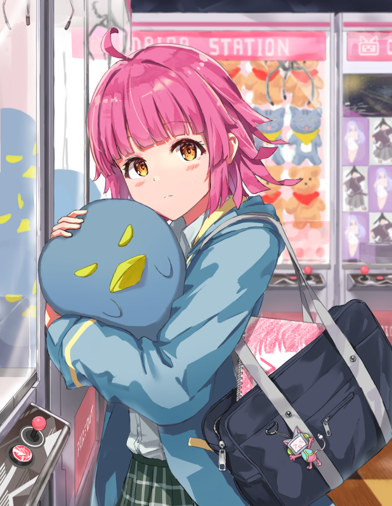 1girl, ahoge, arcade, bag, bag_charm, bangs, blue_hoodie, blunt_bangs