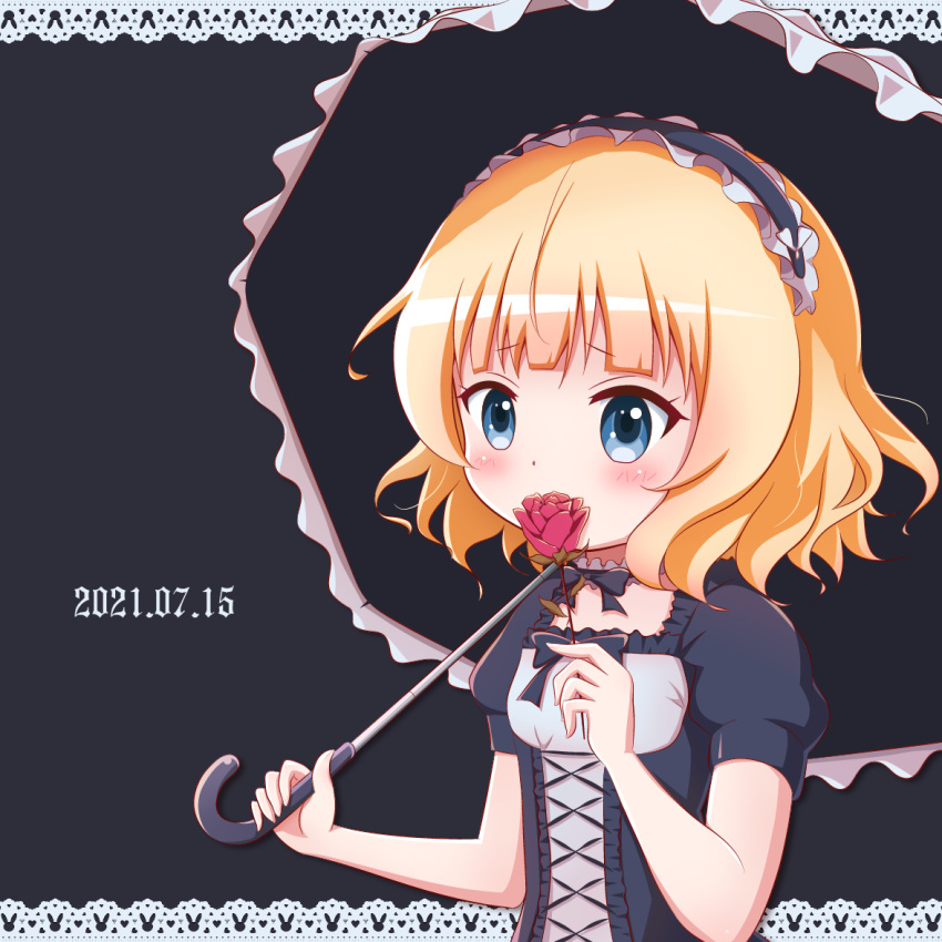 1girl, bangs, black_background, black_bow, black_dress, black_hairband, black_umbrella, blonde_hair
