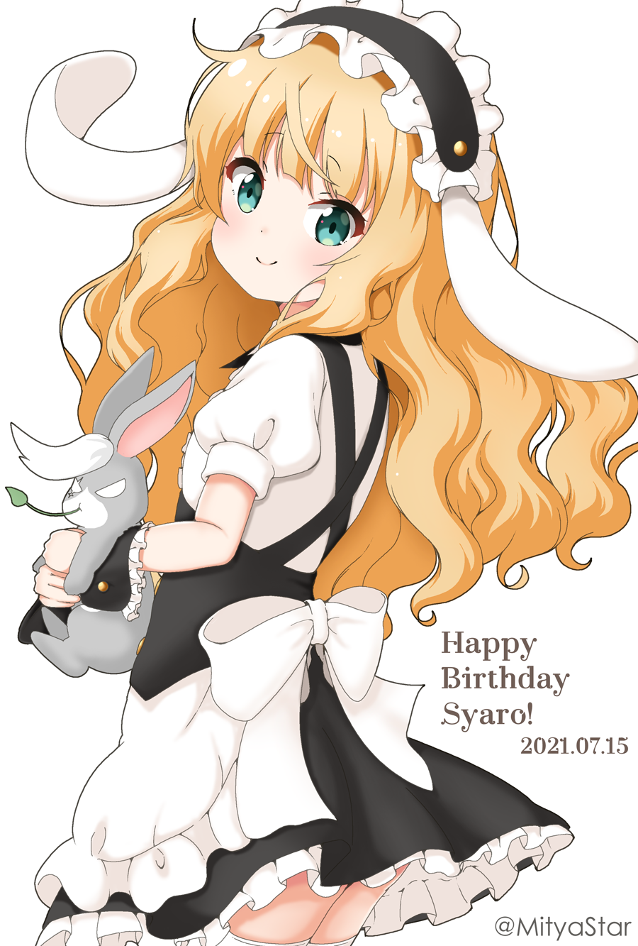 1girl, animal, animal_ears, apron, black_dress, black_hairband, blonde_hair, blush, character_name, closed_mouth, commentary_request, dated, dress, fake_animal_ears, fleur_de_lapin_uniform, floppy_ears, frilled_apron, frilled_hairband, frilled_skirt, frills, from_side, gochuumon_wa_usagi_desu_ka?, green_eyes, hairband, happy_birthday, highres, holding, holding_animal, kirima_sharo, long_hair, miicha, mouth_hold, puffy_short_sleeves, puffy_sleeves, rabbit, rabbit_ears, scar, scar_across_eye, shirt, short_sleeves, simple_background, skirt, smile, stalk_in_mouth, thigh-highs, twitter_username, very_long_hair, waist_apron, white_background, white_legwear, white_shirt, wild_geese