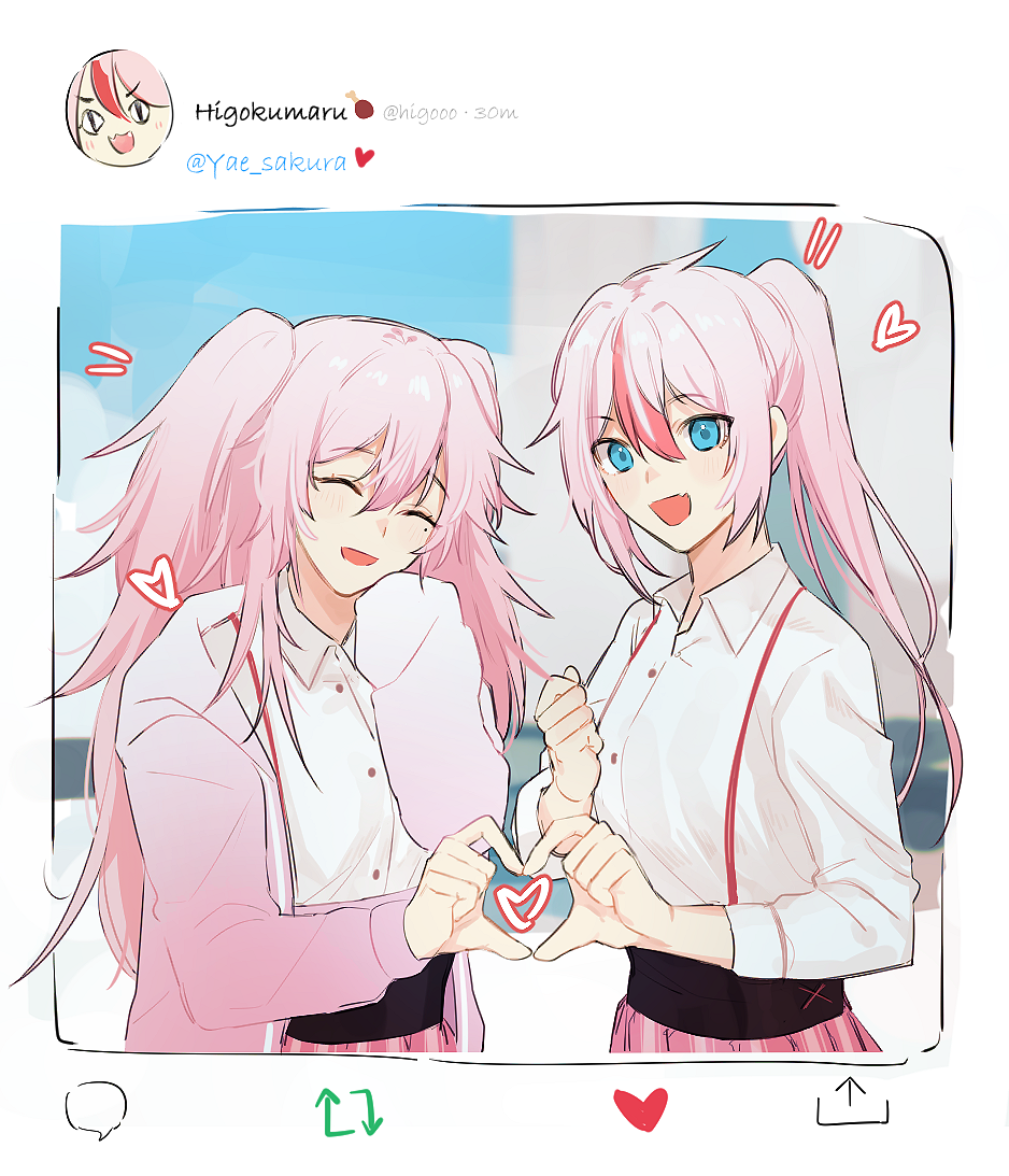 2girls, 3o_c, :d, bangs, blue_eyes, blue_sky, closed_mouth, clouds, cloudy_sky, heart, heart_hands, higokumaru, honkai_(series), honkai_impact_3rd, jacket, long_hair, long_sleeves, multicolored_hair, multiple_girls, open_mouth, outdoors, pink_hair, pink_jacket, pink_skirt, ponytail, rin_(honkai_impcat), school_uniform, shirt, skirt, sky, smile, social_commentary, streaked_hair, twintails, twitter_username, white_shirt, yae_rin