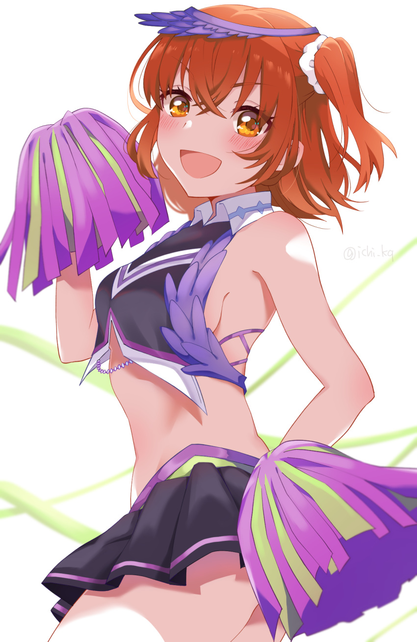 1girl, ahoge, bangs, black_skirt, blush, breasts, brynhildr_(fate), brynhildr_(fate)_(cosplay), cheer_for_master, cheerleader, cosplay, crop_top, fate/grand_order, fate_(series), fujimaru_ritsuka_(female), hair_ornament, hair_scrunchie, highres, ichi_kq, looking_at_viewer, medium_breasts, miniskirt, one_side_up, open_mouth, orange_eyes, orange_hair, pom_pom_(cheerleading), scrunchie, short_hair, skirt, smile, solo, visor_cap, winged_hair_ornament