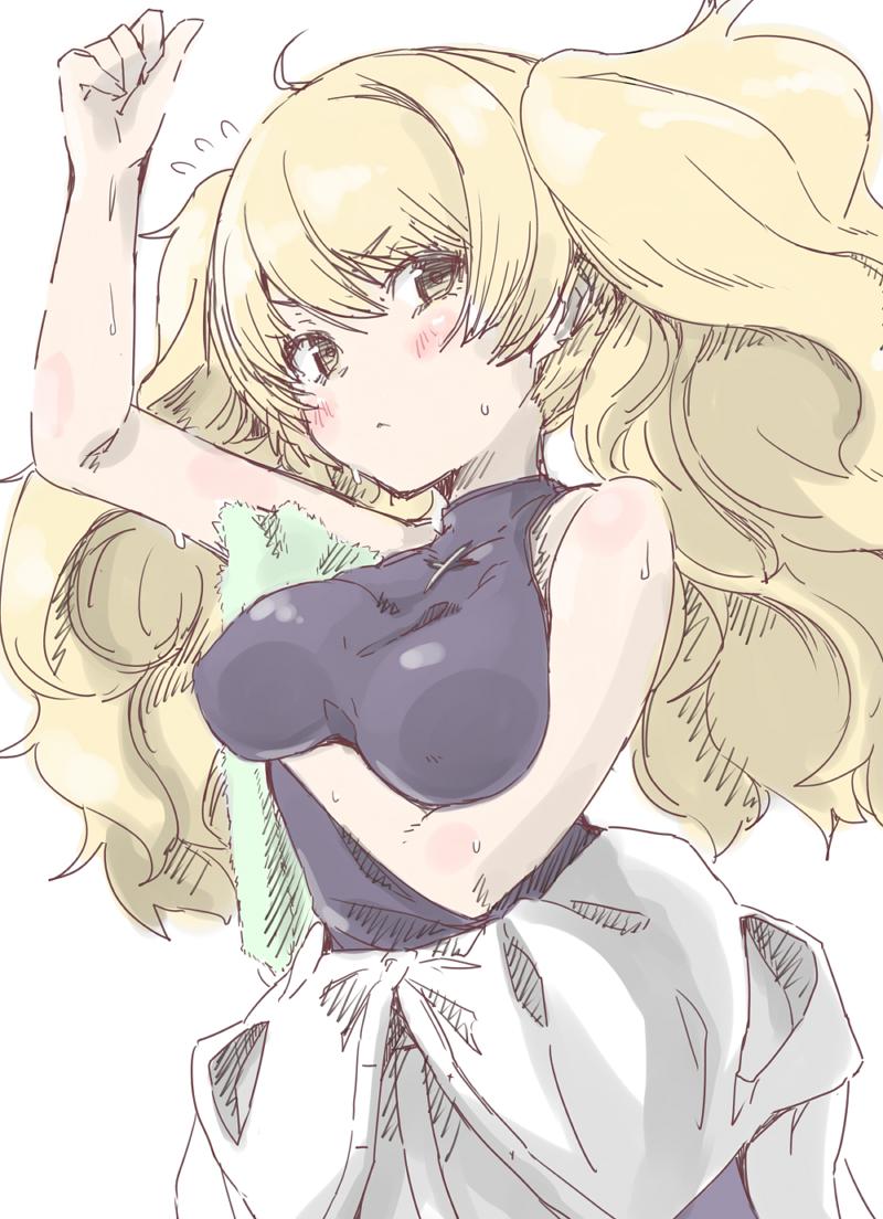 1girl, ahoge, arm_up, bangs, bare_shoulders, blonde_hair, blush, breasts