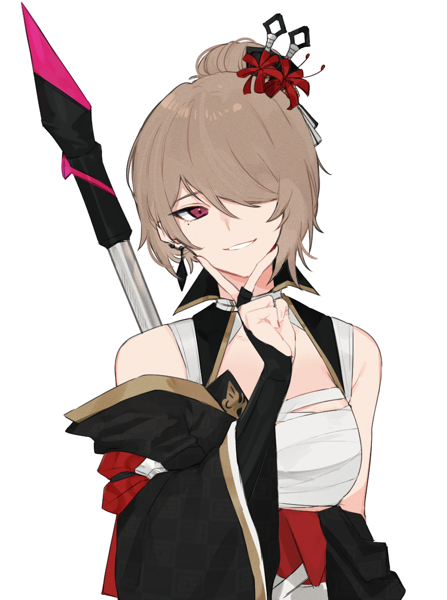 1girl, 3o_c, bangs, bare_shoulders, black_kimono, brown_hair, earrings, flower, grin, hair_flower, hair_ornament, hair_over_one_eye, holding, holding_weapon, honkai_(series), honkai_impact_3rd, japanese_clothes, jewelry, kimono, looking_to_the_side, mole, mole_under_eye, red_flower, rita_rossweisse, rita_rossweisse_(umbral_rose), scythe, simple_background, smile, teeth, v, violet_eyes, weapon, white_background