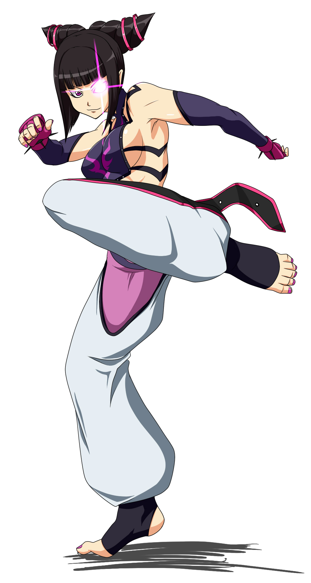 black_hair, chaps, elbow_gloves, feet, fighting_stance, fingerless_gloves, gloves, glowing